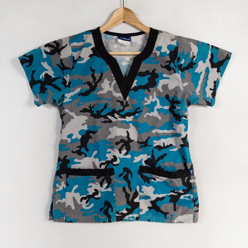 Tafford Uniforms Scrub Top Women Small Blue Gray Camo Print Short Sleeve Pockets
